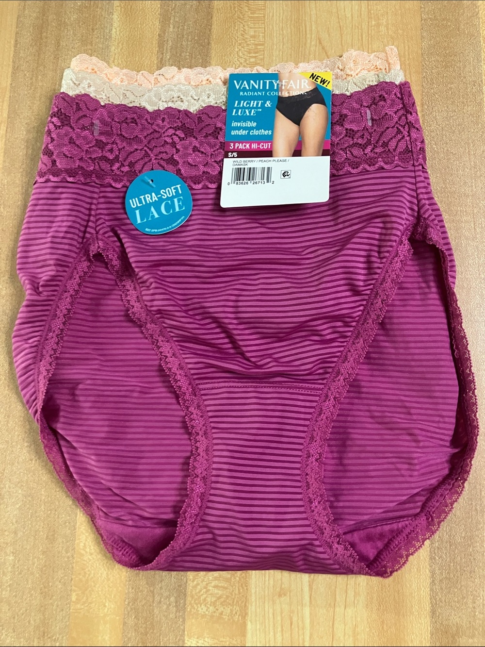 Vanity Fair Wild Berry, Peach and Damask Lace-Trim Hi-Cut Brief Panties